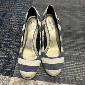 Life stride, blue and tan striped wedges